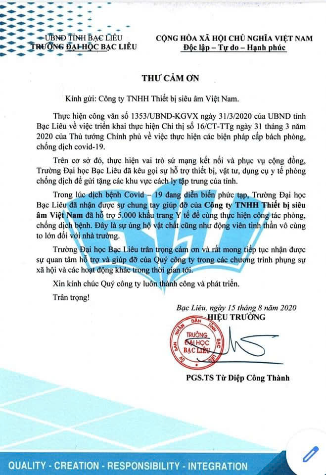 Thư cảm ơn từ Trường Đại học Bạc Liêu