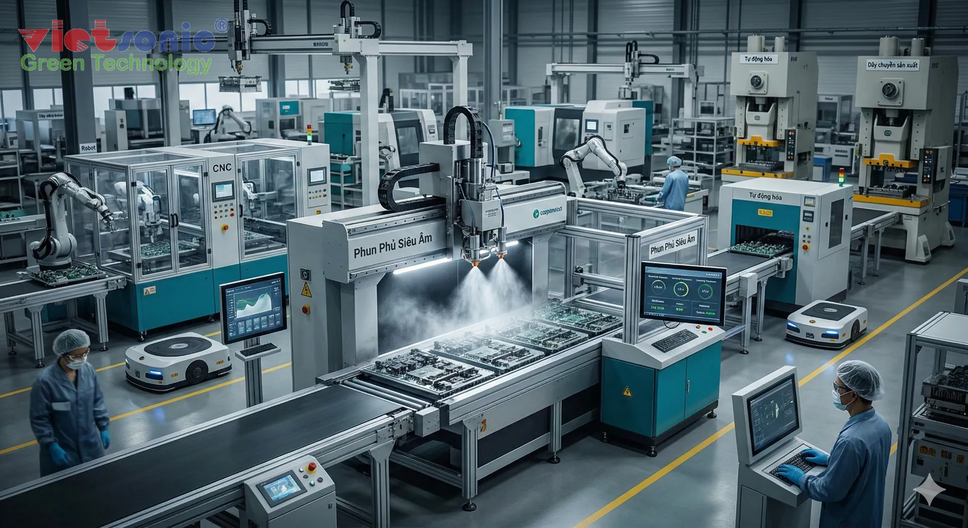 クリーンルーム基準の密閉チャンバー内にある自動スプレーコーティングシステムの全景