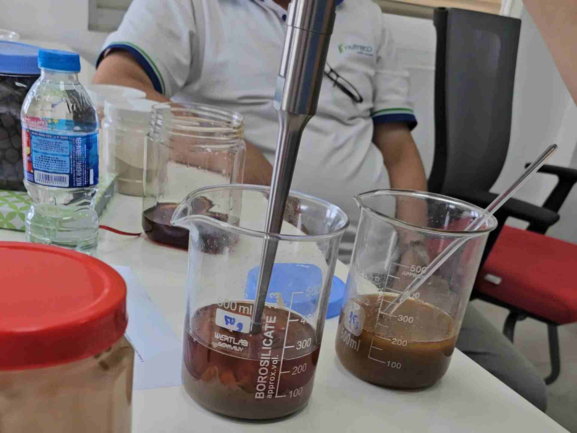 在实验中应用超声波分散和均质多成分溶液混合物的过程。