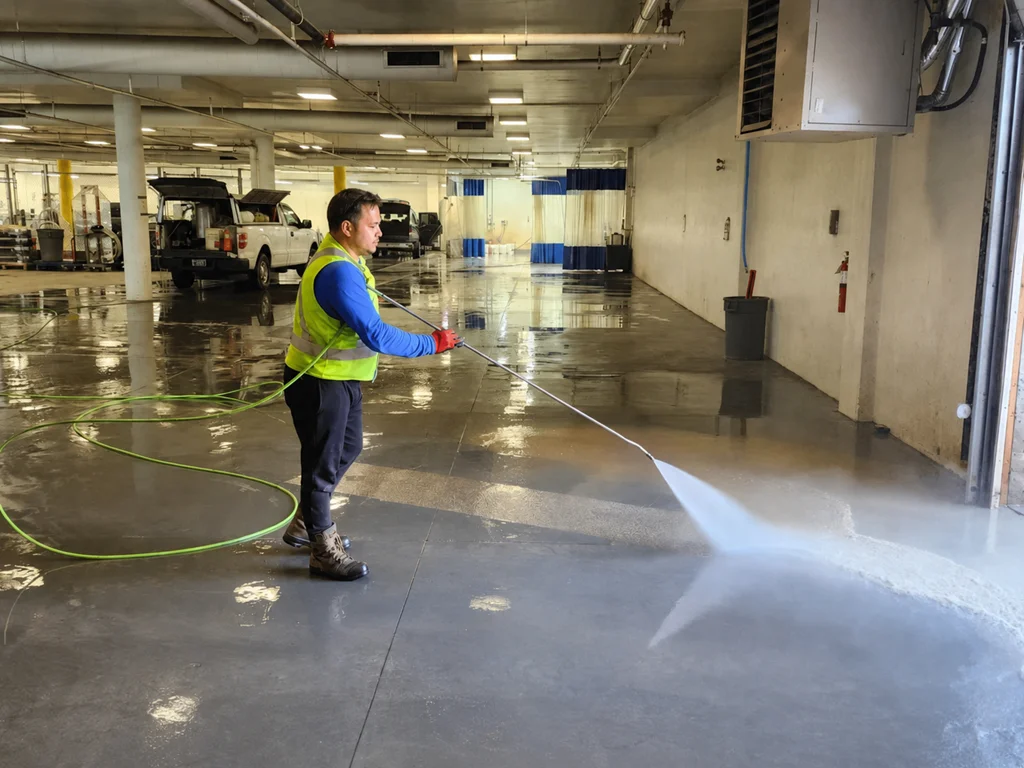 Phun rửa áp lực cao trong nhà xưởng công nghiệp