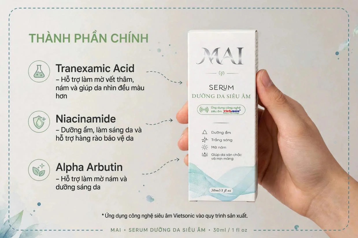 Ảnh sản phẩm Serum Mai do VietSonic phân phối, chụp rõ chai serum và nhận diện thương hiệu Mai